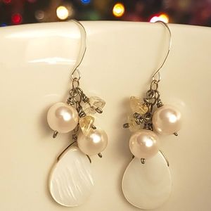 Sterling Silver Earrings with Glass Pearls and Citrine Elements